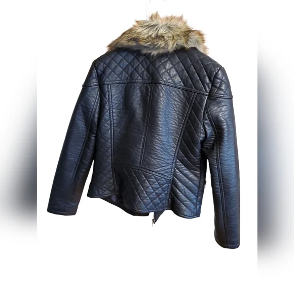 Women's Rough Hewn Grey Black Faux Leather Jacket with Fur Trim Size Medium - Picture 3 of 4